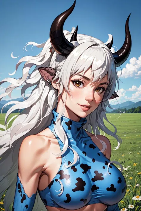 a woman with horns and a blue top in a field