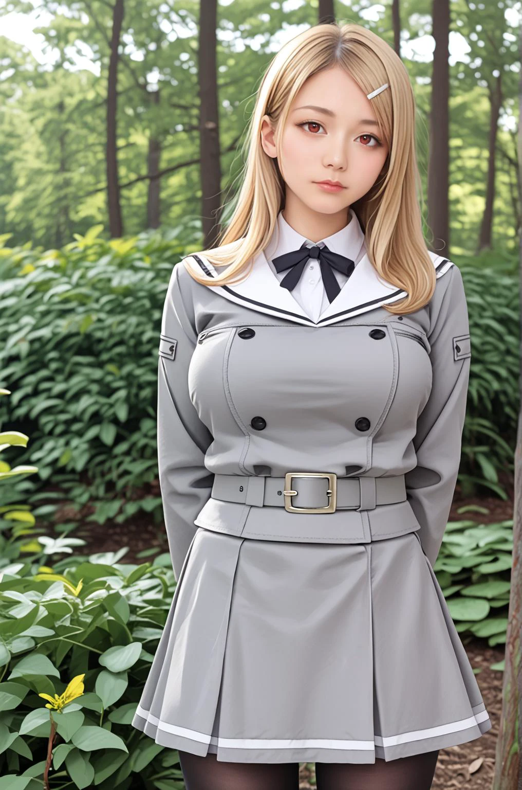 photorealistic, realism, realistic eyes, (realistic hair:1.2), perfect body, beautiful eyes, score_9, score_8_up, score_7_up, source_anime,
Shiki_XL, blonde, long hair, red eyes, mole under mouth, hairclip, large breasts, BREAK, shiki_school_outfit, , black pantyhose, grey jacket, grey skirt, neck ribbon, grey belt, BREAK, forest, closeup, hands behind back,
