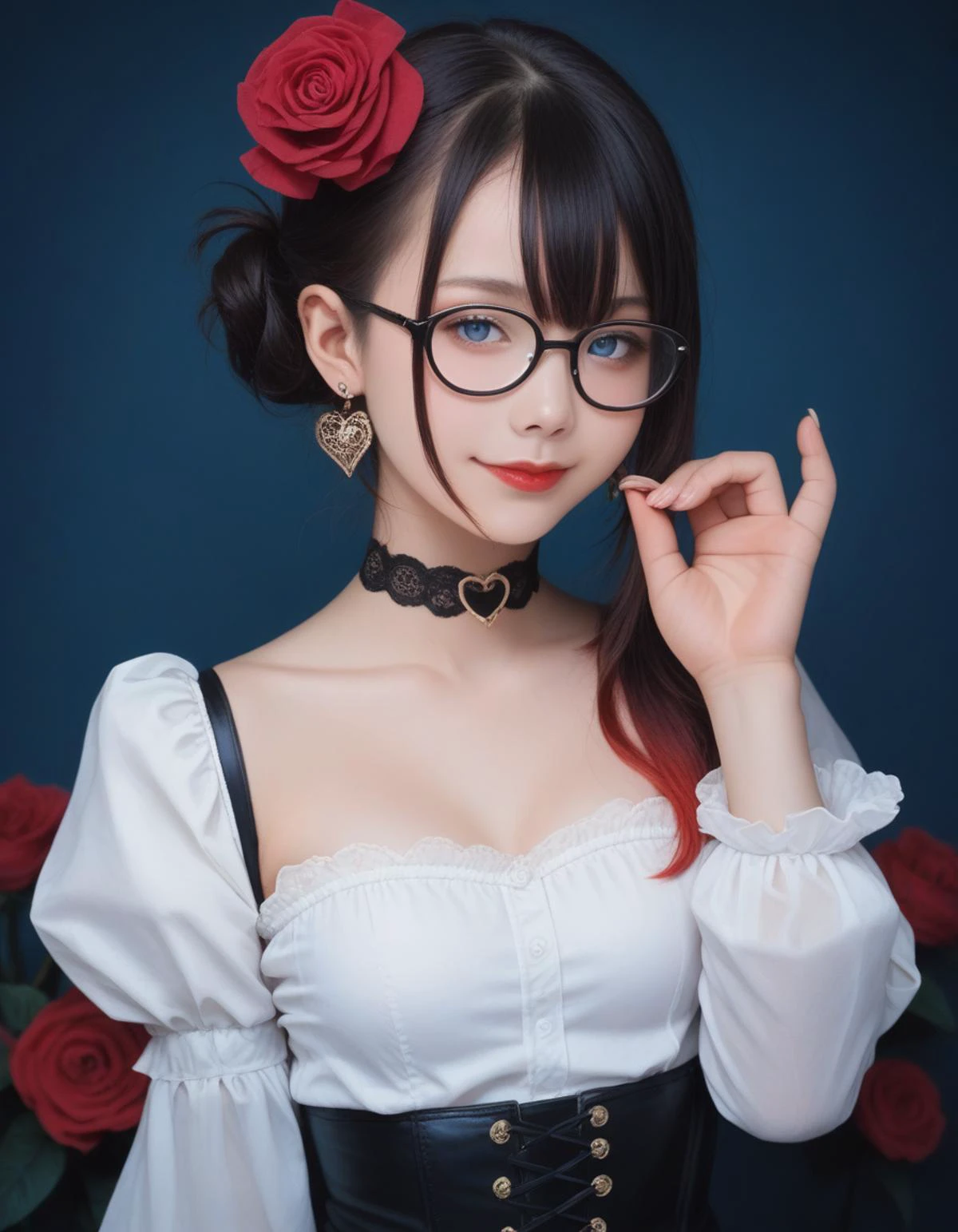 score_9, score_8_up, score_7_up, score_6_up,score_anime, realistic,real,photorealistic,cowboy shot, , 1girl, bare shoulders, black hair, blue background, blue eyes, breasts, choker, closed mouth, earrings, eyelashes, eyeshadow, fingernails, flower, floating hair, glasses, gradient hair, hair between eyes, hair bun, hair flower, hair ornament, half-closed eyes, hand up, heart, heart earrings, jewelry, juliet sleeves, long fingernails, light smile, long hair, long sleeves, looking at viewer, makeup, medium breasts, multicolored hair, night, puffy sleeves, red flower, red hair, red lips, red rose, rose, sidelocks, single hair bun, smile, solo, standing