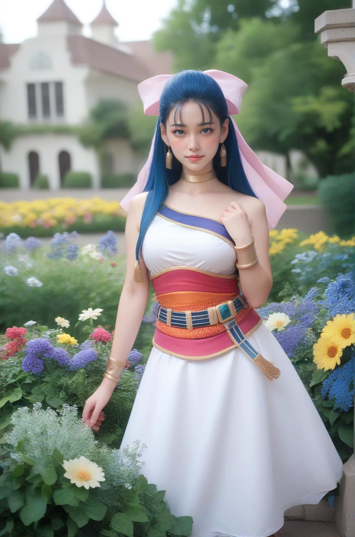 rating_safe,score_9, score_8_up, score_7_up, score_6_up, score_5_up,photo realistic
,photo,ultra-detailed blue hair, many detailed tangle hair streak,airly hair,(fullbody)
,big breast
,nera, hair bow,bracelet, choker, earrings, long dress, sash,forehead, bangs
,(Beautiful flower beds, garden of the mansion background),100-400mm lens, composition, best composition, classic, (blurry:1.2)
,Big white dog pet