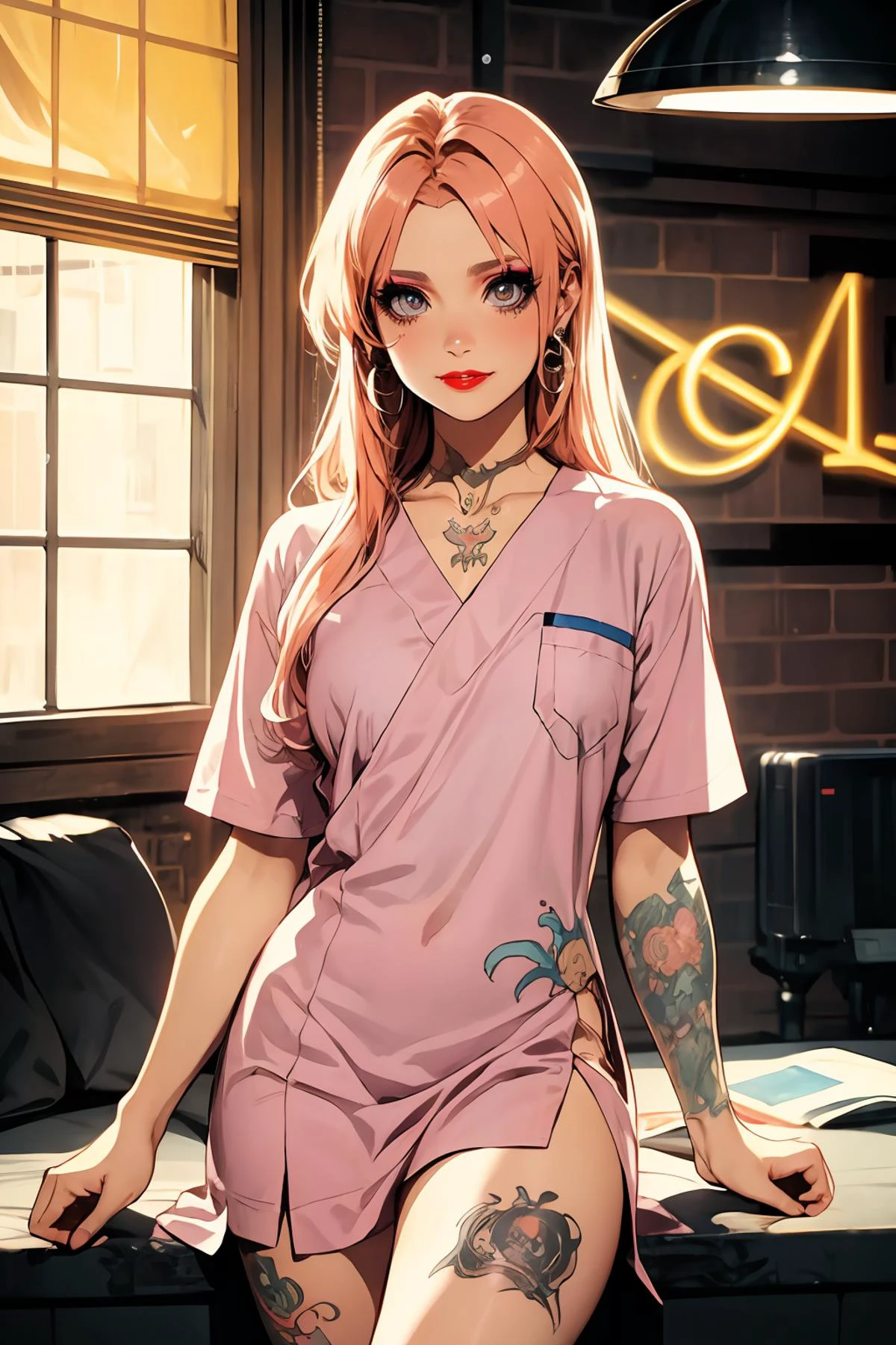 8k high quality detailed,highres,anime,comic,detailed image,
(an illustration of a teenage girl posing,(an illustration of girl,teenage girl)),(magazine_illustration),
(1girl,asian_female,orange hair, long hair, swept bangs, pink eyes, muscular female, medium breasts,(Wistful Smile):0.85),(, m3t0,makeup,eyeshadow,red lipstick,tattoo),detailed_face,
((Leaning back with arms outstretched,):0.8),
((, hospital gown,v-collar):0.85),(,realistic clothing texture,realistic_skin_texture),