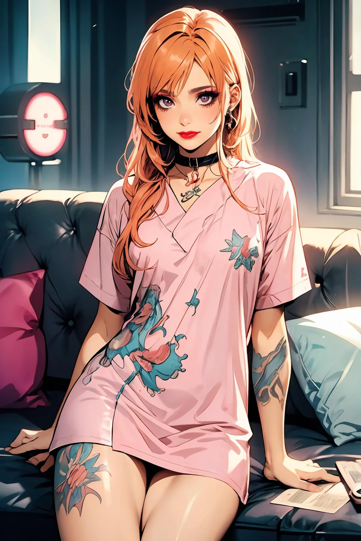 8k high quality detailed,highres,anime,comic,detailed image,
(an illustration of a teenage girl posing,(an illustration of girl,teenage girl)),(magazine_illustration),
(1girl,asian_female,orange hair, long hair, swept bangs, pink eyes, muscular female, medium breasts,(Wistful Smile):0.85),(, m3t0,makeup,eyeshadow,red lipstick,tattoo),detailed_face,
((lying on back, parallel to the camera):0.8),
((, hospital gown,v-collar):0.85),(,realistic clothing texture,realistic_skin_texture),