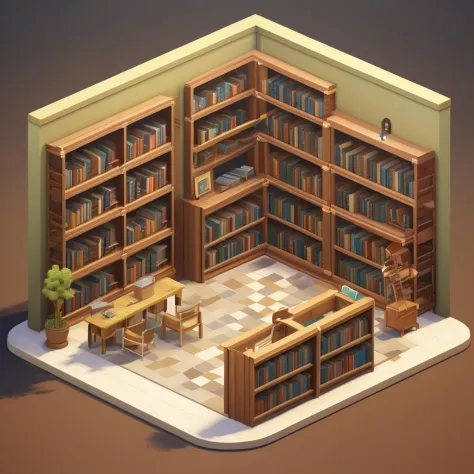 a library, indoor, isometric style, scenary, 