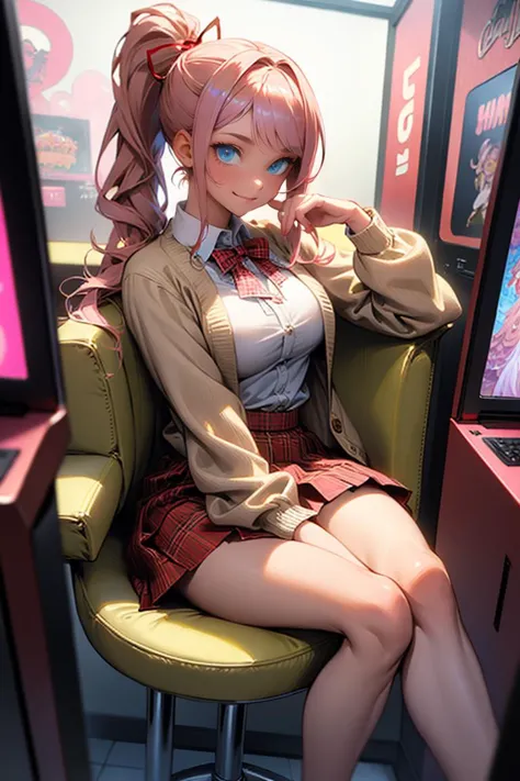 anime girl sitting in a chair in front of a tv