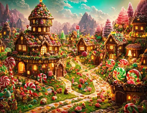 masterpiece, awesome quality, cinematic lighting, detailed, donmc4ndyl4nd village domicile in grassland biome , candyland <lora:...