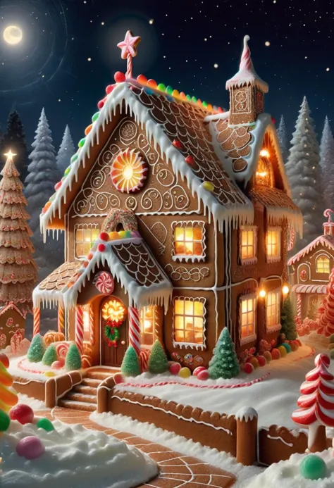 DonMC4ndyL4ndXL  midnight mass illustrations, belle, gingerbread house,christmas tree, peaceful and serene,bright and colorful,warm and inviting, japanese lighting, sparkling decorations adorning homes and streets <lora:DonMC4ndyL4ndXL:1>