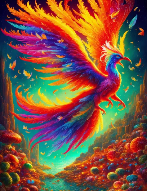 masterpiece illustration, detailed, hires, octane rendering,donmc4ndyl4nd  phoenix, mythical powerful bird, in flames, vibrant c...