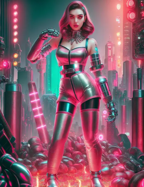 a woman in a futuristic outfit standing in a city