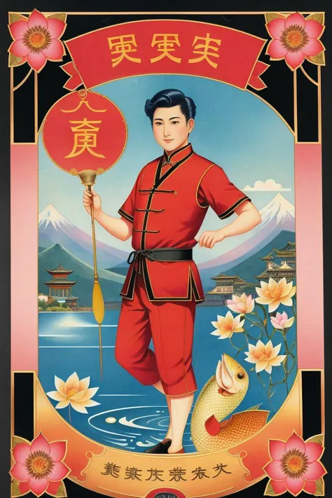 chinese card with a man holding a fish and a net in it's hand, with chinese characters on it, 1boy, arm_hair, art_nouveau, asa_no_ha_\(pattern\), bird, branch, egasumi, fine_art_parody, fish, fishnets, realistic, flower, japanese_clothes, kanji, kimono, leg_hair, lotus, mount_fuji, nihonga, old, old_man, paddle, painting_\(medium\), paper_lantern, photo_\(medium\), pink_flower, rising_sun, short_sleeves, solo, sun, traditional_media, watercolor_\(medium\),  <hypernet:vintageChinese_chinprop:0.8>, detailed face, detailed hands, colorgraded, <lora:lomodiffusionLora300_lomodiffusionLora300:0.4>,  <lora:Jordan_2:1>, <lora:cheeseDaddysLandscapes_35:0.45>, full resolution, 600dpi