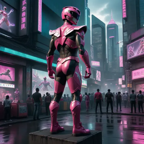 A photorealistic depiction of a Power Ranger standing heroically in the middle of a bustling サイバーパンク urban environment. パワーレンジャーはコスチュームを着るべきだ, ヘルメットと特徴的な武器を完備. 都市景観は現代と未来が融合したものでなければならない, ネオンライトが特徴的な, ホログラフィック看板, ハイテクな高層ビル. ドローン, 自動運転車, そして、サイバネティック強化を受けた多様な人々が街を埋め尽くすはずだ. パワーレンジャーは画像の焦点となるように配置する必要があります, おそらく高台や道路の真ん中に立っている. 照明は雰囲気があるべきです, 劇的な影を落とし、衣装の複雑なディテールと街のネオンの輝きを照らします。 , サイバーパンク style, サイバーパンク