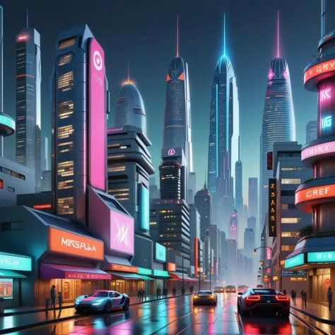 A photorealistic depiction of a sprawling Cyberpunk cityscape at night, filled with towering skyscrapers, neon lights, and holographic billboards. The architecture should be futuristic, with a mix of high-tech and grunge elements. In the foreground, includ...