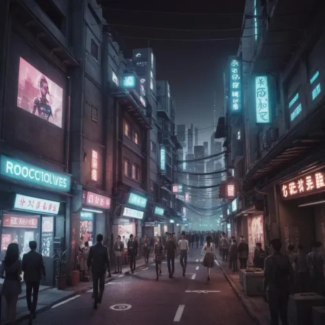 A photorealistic rendering of a bustling Tokyo city street infused with Cyberpunk aesthetics. The scene should be set at night, illuminated by neon signs in both Japanese and English, holographic advertisements, and futuristic streetlights. The architecture should be a blend of modern Tokyo elements and high-tech Cyberpunk features, such as towering skyscrapers with digital billboards, augmented reality interfaces, and drone traffic. The street should be busy with people dressed in futuristic fashion, robotic pets, and autonomous vehicles. The atmosphere should be electric, filled with the sounds and sights of a city that never sleeps. The lighting should create dramatic contrasts, emphasizing the neon and metallic elements ,<lora:cbcity2:0.45>