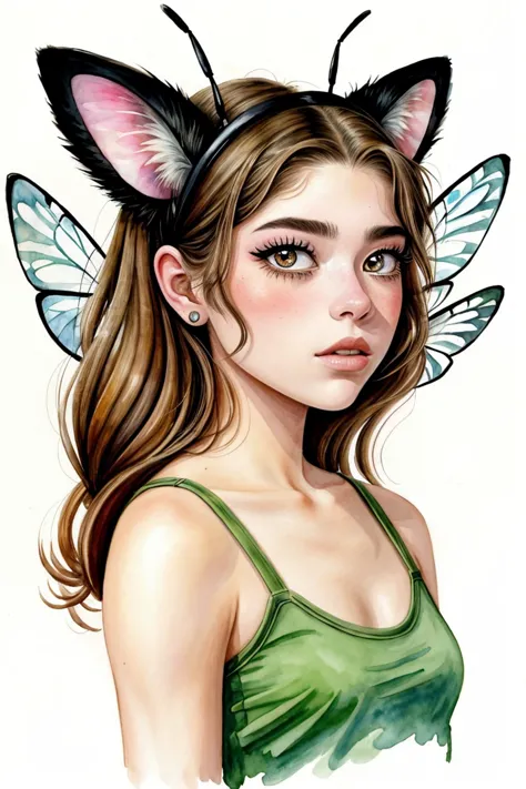 an extremely detailed, intricate watercolor painting of <lora:HannahStein_v1:.9> HannahStein wearing cat eye makeup with ant ant...