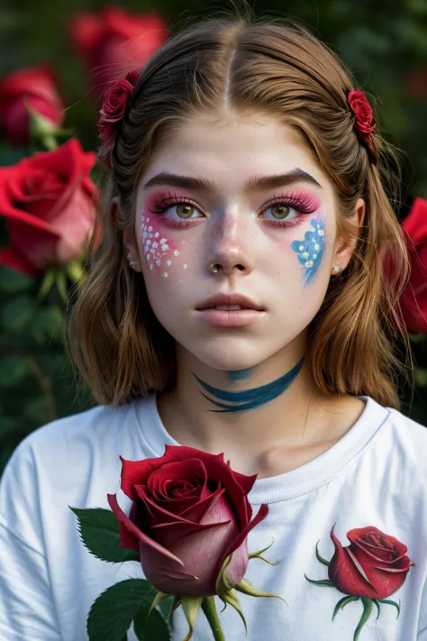 realistic photo of <lora:HannahStein_v1:.9> HannahStein, close up on face, focus on eyes, (rose face paint:1.2)