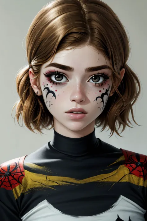 realistic photo of HannahStein, close up on face, focus on eyes, (spider face paint:1.0)