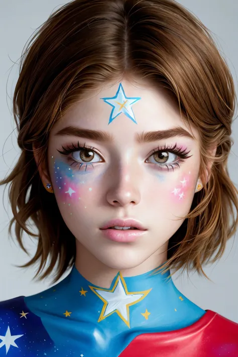 realistic photo of <lora:HannahStein_v1:.9> HannahStein, close up on face, focus on eyes, (star face paint:1.2)