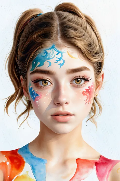 <lora:HannahStein_v1:.9> HannahStein wearing wing eyeliner, close up on face, focus on eyes, (watercolor sun face paint:1.2)