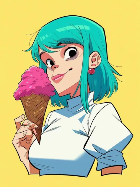 a cartoon girl with green hair holding an ice cream cone