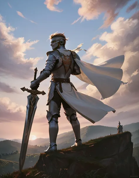 score_9, score_8_up, score_7_up, (realistic),
a male knight, armor,sitting atop a cliff, legs in the void, white medieval city b...
