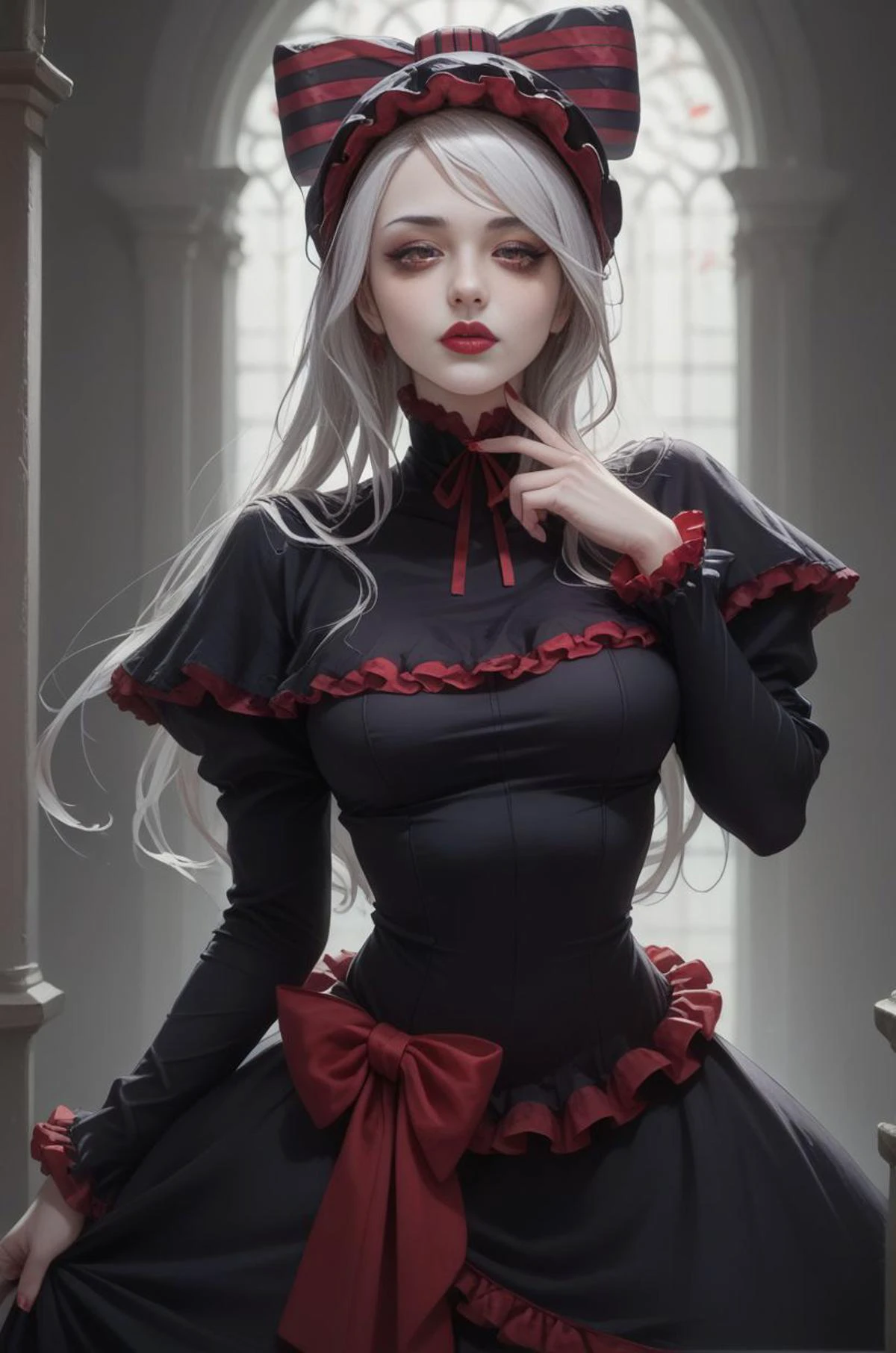 (score_9, score_8_up:1.1), score_7_up, score_6, Overlord western anime style, BREAK (24 year old Shalltear Bloodfallen from overlord), vampire lady, gothic victorian dress, sleek silver hair with bow, red eyes, small ears, lipstick, mascara, (very pale ghostly white skin), eye shadow, stockings,  captivating gaze, looking at viewer, blushing, flushed cheeks, very sexy, slim legs, BREAK  volumetric lighting, cinematic lighting, detailed, shadows,  sinister lighting, dramatic pose, dynamic, small tight butt, detailed face, intricate details, naturalism, hyperdetailed, wide shot dark cinematography, volumetric lighting, source lights,  zPDXL (1), 