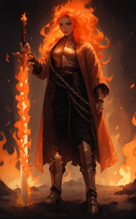 score_9, score_8_up, score_7_up, source photo, fantasy setting, 1girl, sword,warrior, fire elemental, flaming hair, fire, fire hair, wearing a dark chain armor, leaning on a huge flaming sword stuck in the ground ,<lora:Fiery_Aura_for_Pony:1> fiery aura