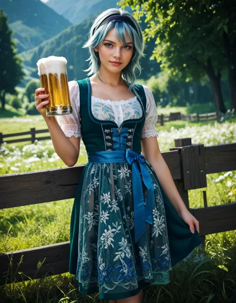 score_9, score_8_up, score_7_up,
eula wearing green dirndl dress, floral print, see-through, blue hair,
holding pint of beer, dr...