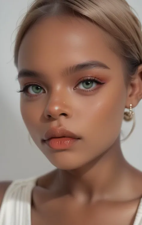 a woman with a white top and earrings is looking at the camera