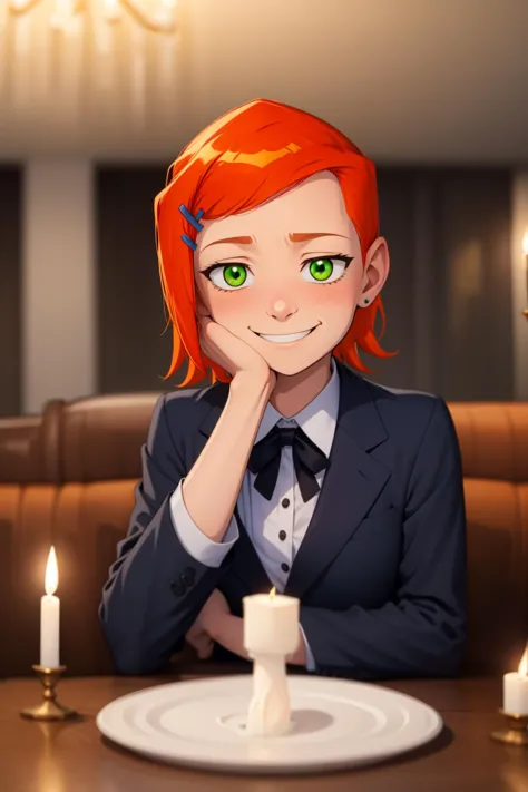 (masterpiece:1.21), (best quality:1.10), gwen, Gwendolyn_Tennyson, 1girl, solo, (hairclip:1.10), hair ornament, orange hair, green eyes, (embarrassed:1.10), business suit, sitting, restaurant, fancy restaurant, candle, chandelier, (nighttime:1.2), (warm lighting:1), hand on own face, smile, tired, head tilt, looking at viewer, <lora:osgwen-01:0.8>, <lora:body_size_control_V2:-3>, <lora:GoodHands-beta2:1.2> <lora:outline:0.3> <lora:faceage:0.5>