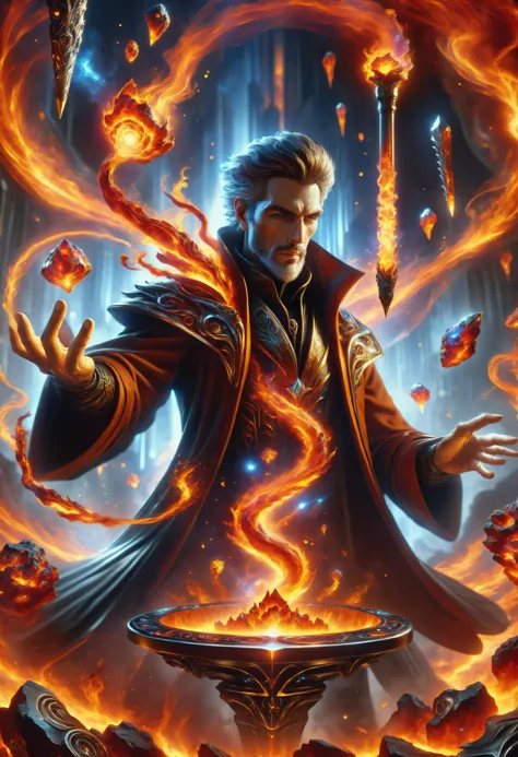 hyper detailed masterpiece, dynamic, awesome quality, a male hologrammancer summoning pneumatic magma DonMM4g1cXL magic, wand <l...