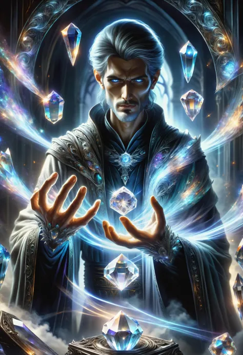 a man with a magic ball in his hands surrounded by crystals