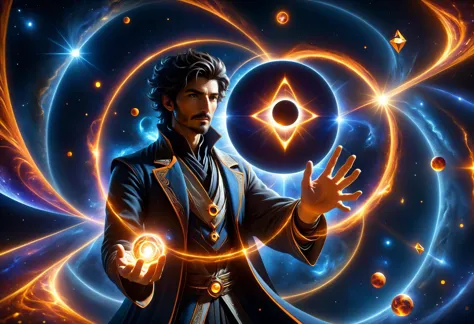 hyper detailed masterpiece, dynamic, awesome quality, male summoner  (space-time continuum,solid,solar eclipse,linen,dark matter...