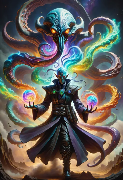 hyper detailed masterpiece, dynamic, awesome quality, male mindflayer Channeling jinx shaped like Beam of multi-color aqueous ea...