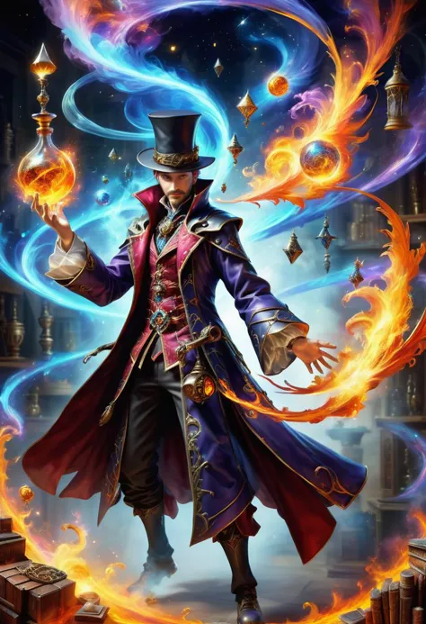 a man in a top hat and coat holding a magic wand