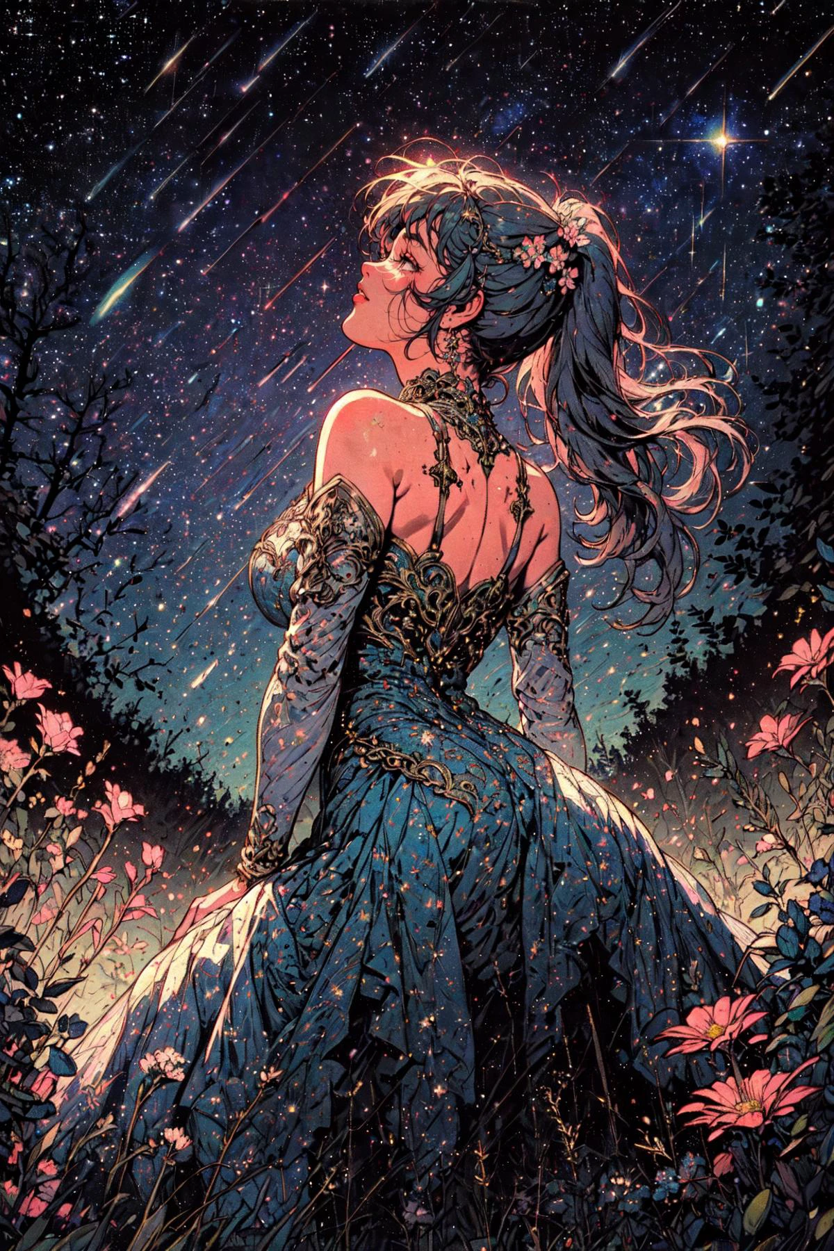 (masterpiece, best quality, detailed, ornate, pastel colors, glimmering), retro, vintage, (from behind), low angle, (solo), 1girl, sitting on a rock, (looking up, head tilted up:1.2), backless dress, bare back, bare shoulders, ponytail, flower ornament, (starry night), meteor shower, nighttime, outdoors, forest, windy, flowers, 