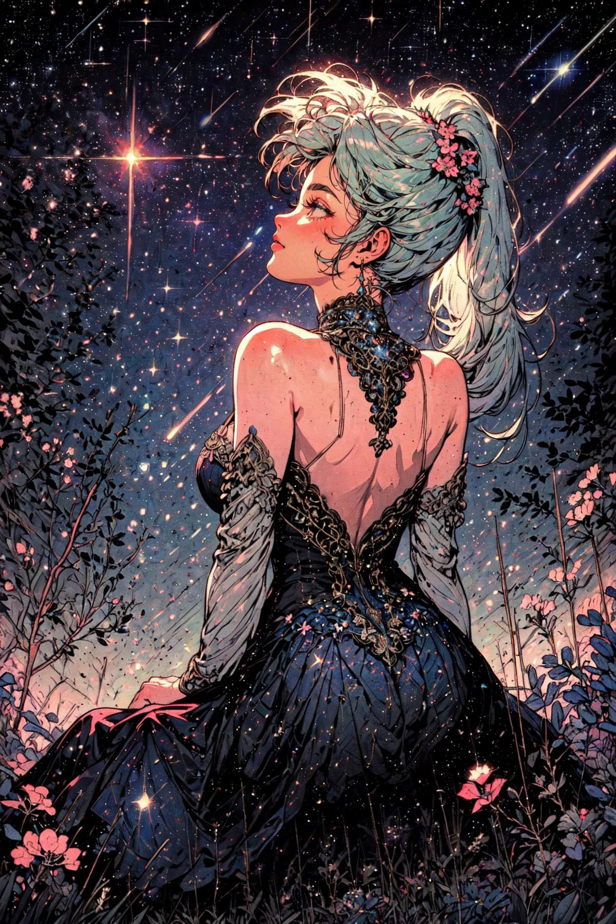 (masterpiece, best quality, detailed, ornate, pastel colors, glimmering), retro, vintage, (from behind), low angle, (solo), 1girl, sitting on a rock, (looking up, head tilted up:1.2), backless dress, bare back, bare shoulders, ponytail, flower ornament, (starry night), meteor shower, nighttime, outdoors, forest, windy, flowers, 