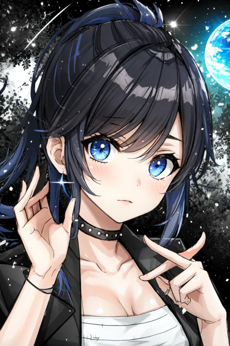 anime girl with blue eyes and black hair in front of a blue planet