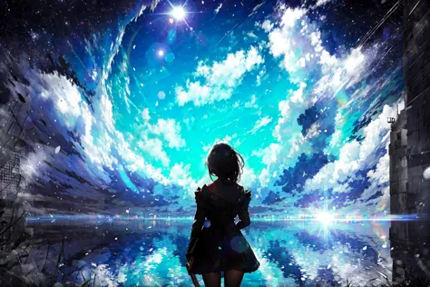 anime girl looking at the sky with a blue sky and stars in the background