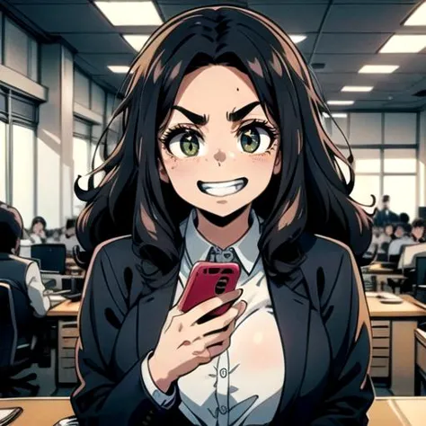 anime image of a woman in a business suit holding a cell phone