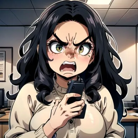 anime character with angry expression holding cell phone in office