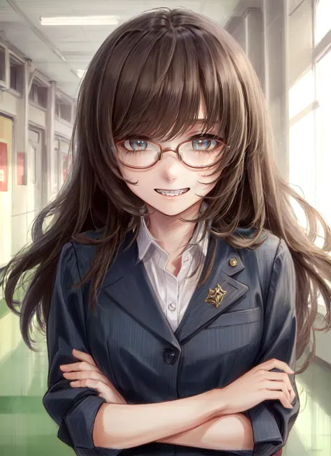 anime girl with glasses and a jacket standing in a hallway