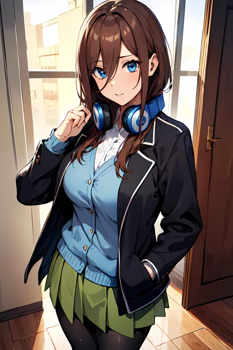 masterpiece,best quality, unreal engine, ultra res, extremely detailed,
1girl, large breasts,  waist , (muscular:0.5) ,slender, 
 brown hair
nm1, headphones around neck, , long sleeves, blue cardigan, green skirt, pantyhose, black jacket, open jacket
hews style CSR STYLE
round breasts, large  breasts,