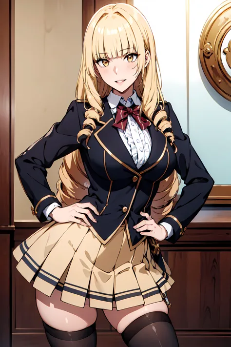 masterpiece,best quality, unreal engine, ultra res, extremely detailed,
1girl,medium breasts, waist, slender, (muscular:0.7)
rose oriana
blonde hair, drill hair, blunt bangs,
,blazer, frill shirt, skirt, thighhigh
holding sword,
ROUND BREASTS, medium BREASTS
standing, sexy pose, hand to hip, waist shot, watching at viewer, blush ,smile, parted lips