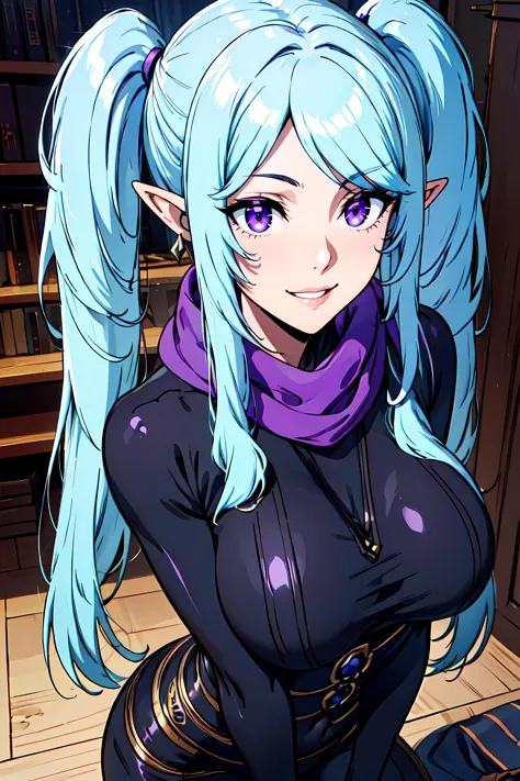 professional 3d model Gothic style masterpiece,best quality, unreal engine, ultra res, extremely detailed,
HEWS STYLE CSR STYLE  ROUND BREASTS, big BREASTS
1girl,waist, slender, (muscular:0.5)
 epsilon,
light blue hair, twintail,curled bangs, sidelocks,amethyst eyes, pointy ears, elf,
black bodysuit,purple scarf,purple jewelry,
parted lips, smile . octane render, highly detailed, volumetric, dramatic lighting