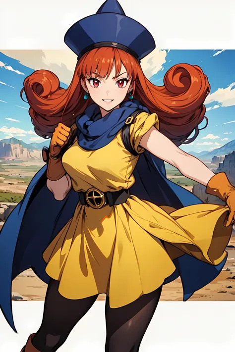 anime artwork  anime artwork masterpiece,best quality, unreal engine, ultra res, extremely detailed
ROUND BREASTS, medium BREASTS
1girl,  waist, slender,(muscular:0.9)
 ALENA,HAT,LONG HAIR,CURLY HAIR,RED EYES,EARRINGS,CAPE,YELLOW DRESS,SHORT SLEEVES,GLOVES,BELT,SKIRT,BLACK PANTYHOSE,BOOTS
clench fist, 
smile, parted lips,  fighting stance,
plains,   . anime style, key visual, vibrant, studio anime,  highly detailed