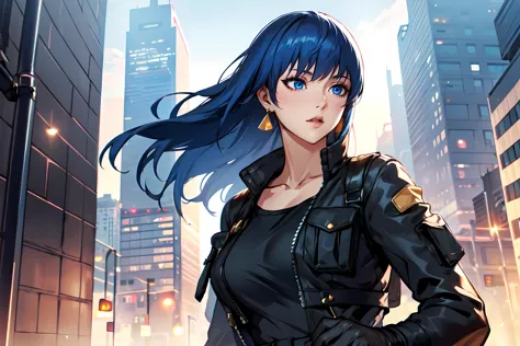 masterpiece,best quality, unreal engine, ultra res, extremely detailed
ROUND BREASTS, medium BREASTS
1girl,  waist, slender,(muscular:0.9)
leona heidern,
blue hair, blue eyes, long hair,straight hair,  bangs,
jewelry, earrings, triangle earrings,
leater jacket,  long sleeves,  open cloth
 black gloves, long pants, pouch,
standing,
upper body
skyscraper , spy activities