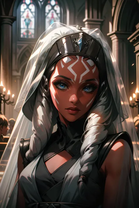 ((ultra detailed, masterpiece, absurdres))
StarWAhsoka, 1girl, dark skin, white facial mark, wearing a wedding dress, bridal veil, inside a church calm, portrait, highly detailed, digital painting, artstation, concept art, sharp focus, illustration, art by artgerm and greg rutkowski and alphonse mucha
<lora:StarWAhsoka:0.9>