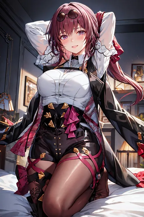 masterpiece, best quality,  <lora:kafka-nvwls-v1-final:0.9> kafka, purple eyes, sunglasses on head, black jacket, collared shirt, black shorts, pantyhose, seiza, bed, arms behind head, smile <lora:Akusema-Style-000071:0.8>