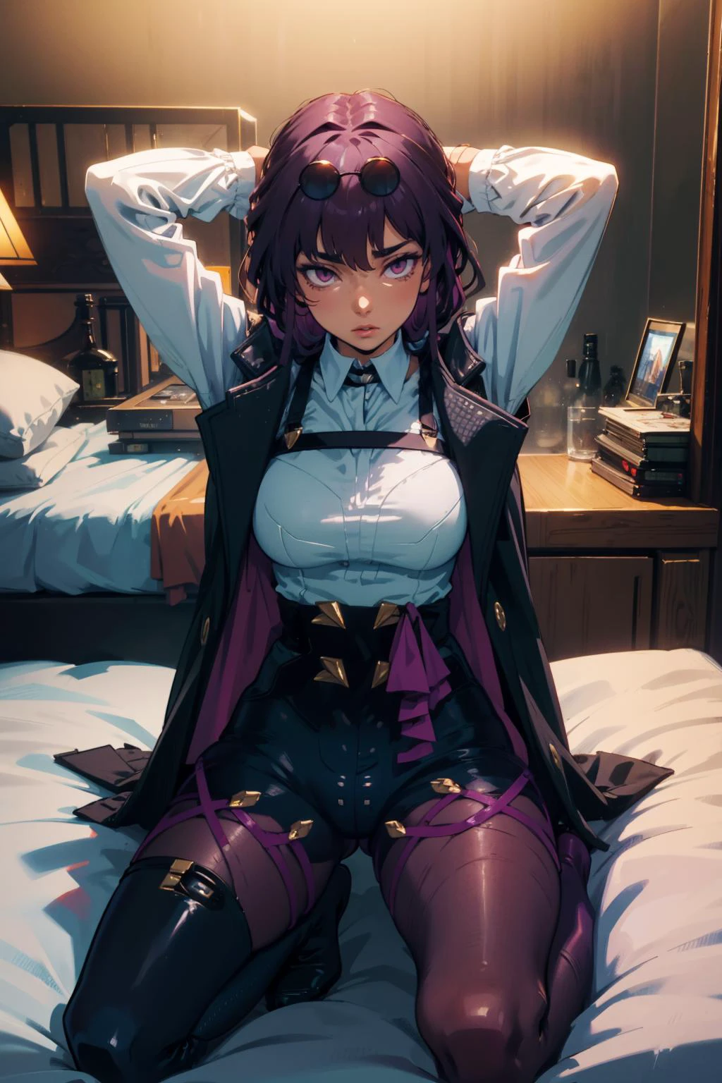 masterpiece, best quality, kafka, purple eyes, sunglasses on head, black jacket, collared shirt, black shorts, pantyhose, boots, looking at viewer, seiza, arms behind head, bed 
