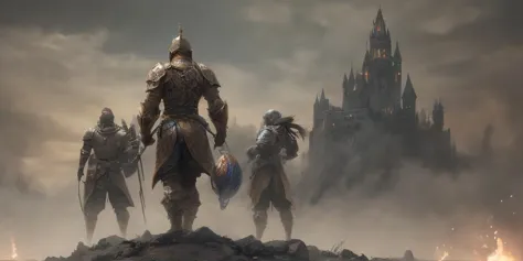 Foreground describes Parts closest to the Viewer. 
Background describes Parts furthest from the Viewer.
[Masterpiece, Award Winning, Unreal Engine 5, Best Quality, Perfect Colors, Perfect Lighting, Bright Lighting, High Detail, Realistic]
[Fantasy, Mythical, Magical, Medieval] [Female] [Magic imbued Armor, Glowing Magic, Glowing Magic Armor, Heavy Metal Armor, Plate Armor, Full Armor, Cape] Commander [From Behind, Close up] standing on Platform in Foreground looking at Soldiers. Beneath the Platform are standing multiple [Fantasy, Mythical, Magical, Medieval, Female][Heavy Metal Armor, Full Plate Armor, Full Armor] Soldiers in Background.
[Huge, Fantasy, Mythical, Magical, Medieval, Flying, Hovering, Floating] Castle in Background covered in [Thick] Fog.
