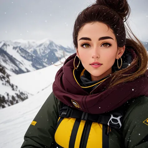 snowboarding, trailblazer, tall, skinny, round face, olive skin, light brown hair, yellow eyes, narrow nose, full lips, sharp ch...